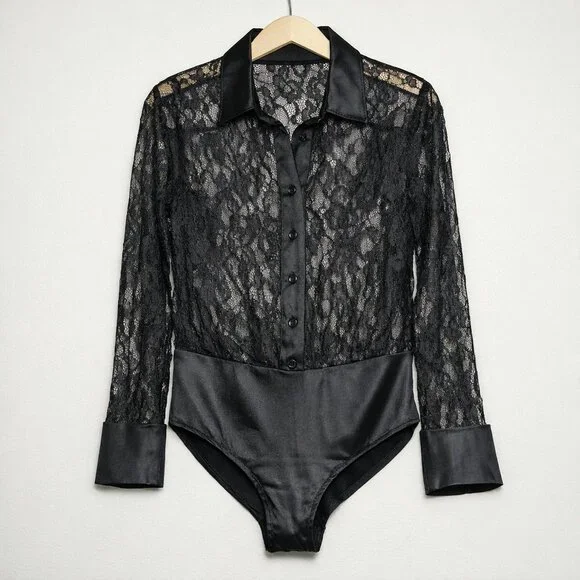Anthropologie Black Lace Button Front Bodysuit Satin Trim Long Sleeve S - Picture 2 of 7